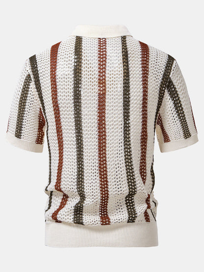 Striped Crochet V Neck Polo