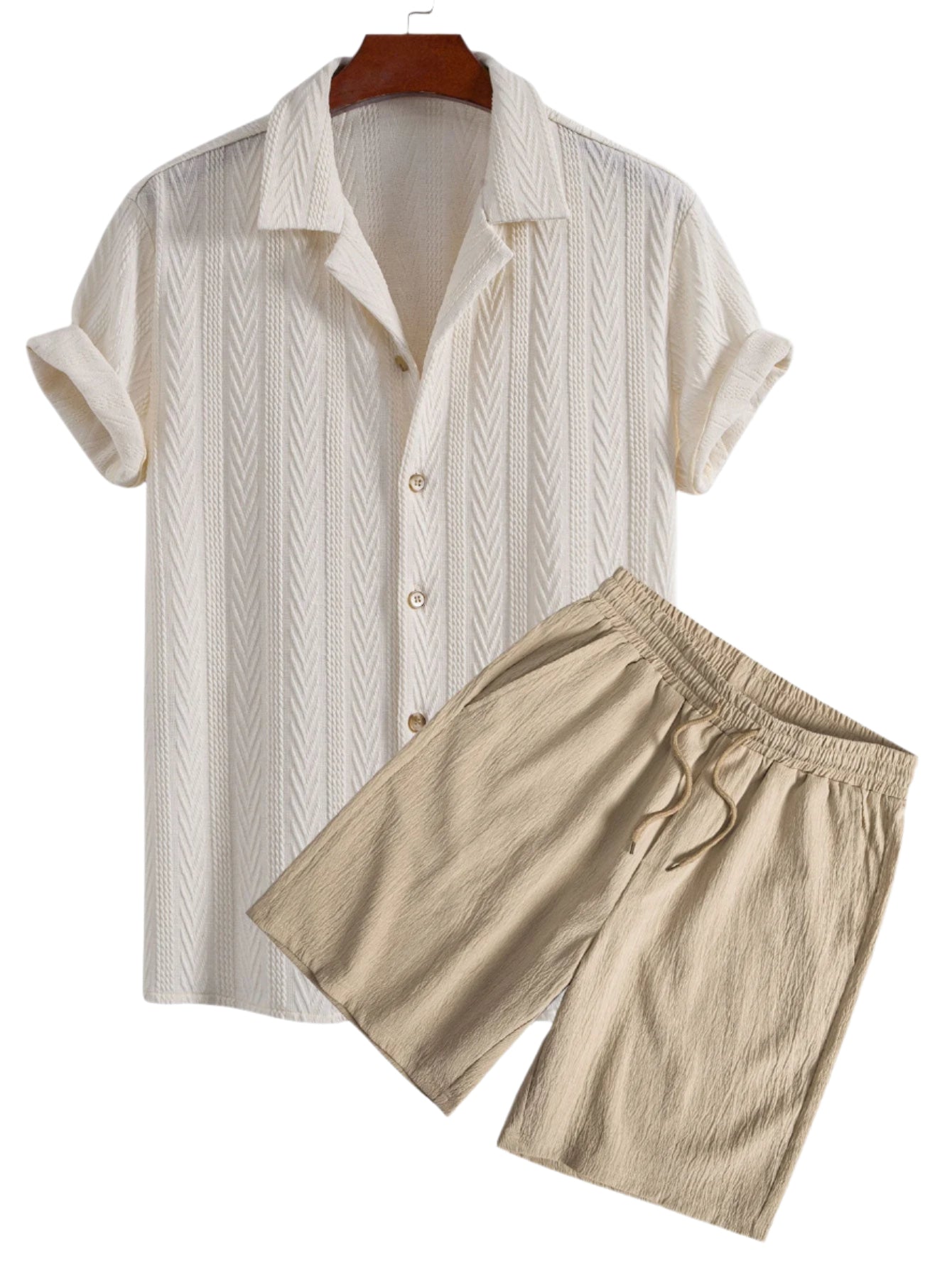 Texture Jacquard Cuban Shirt & Crinkled Textured Drawstring Shorts