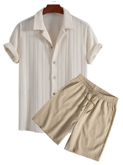 Texture Jacquard Cuban Shirt & Crinkled Textured Drawstring Shorts