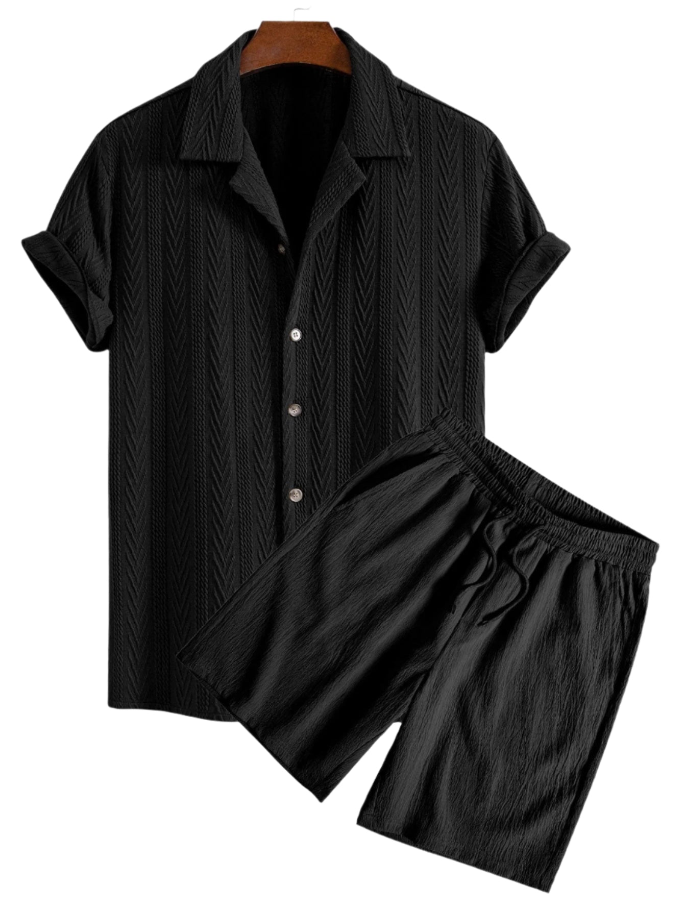 Texture Jacquard Cuban Shirt & Crinkled Textured Drawstring Shorts
