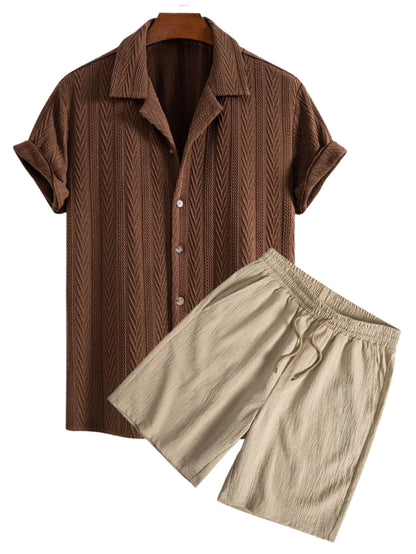 Texture Jacquard Cuban Shirt & Crinkled Textured Drawstring Shorts