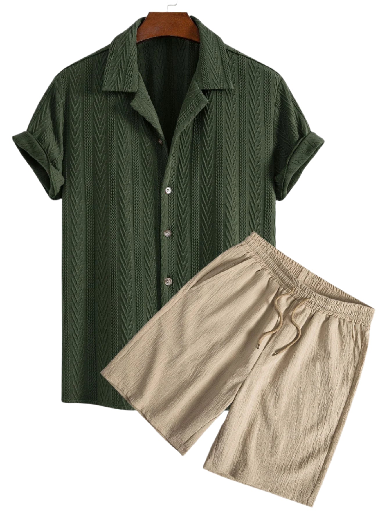Texture Jacquard Cuban Shirt & Crinkled Textured Drawstring Shorts