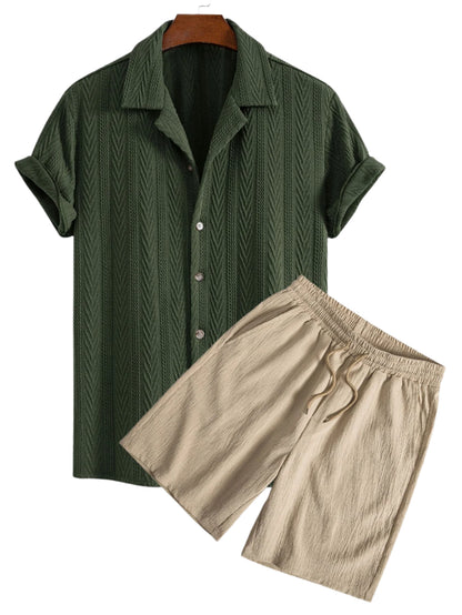 Texture Jacquard Cuban Shirt & Crinkled Textured Drawstring Shorts