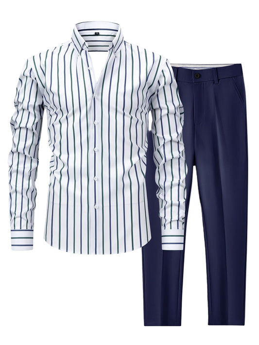 Long Sleeve Stripe Button Up Shirt & Slim Fit Tapered Trousers