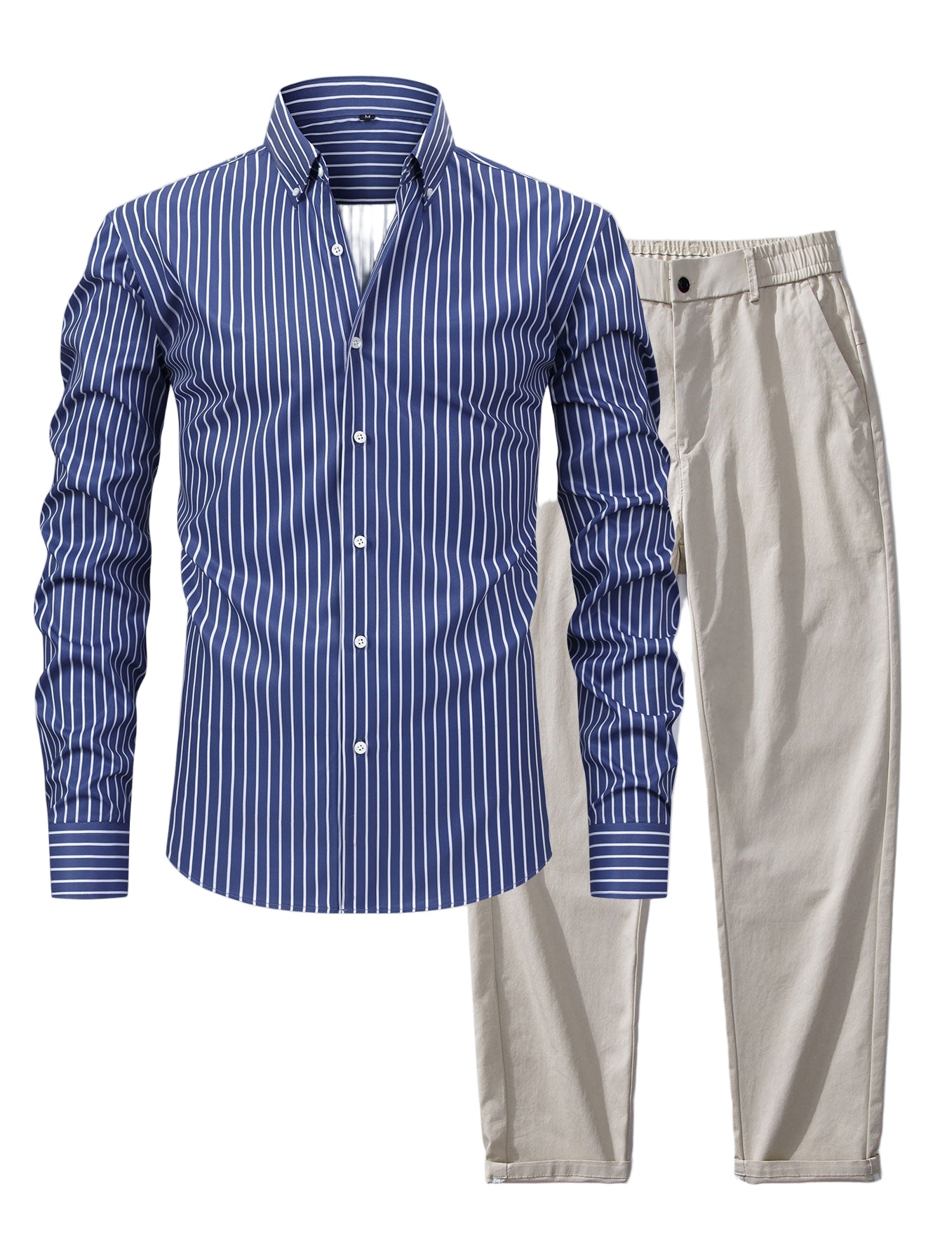 Long Sleeve Stripe Button Up Shirt & Elastic Waist Straight Leg Trousers