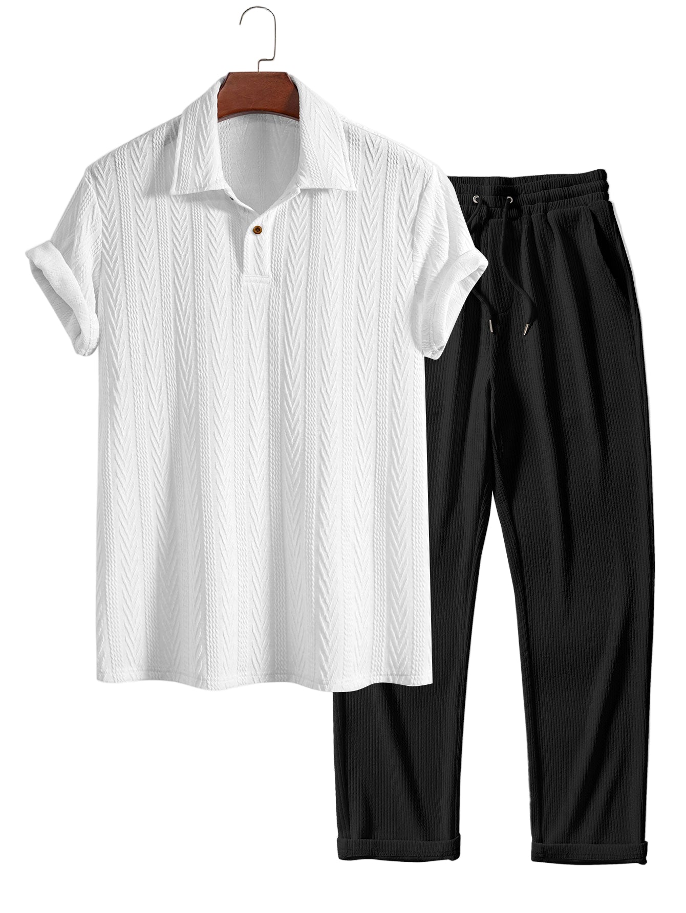Short Sleeve Jacquard Polo & Straight Leg Ribbed Pants