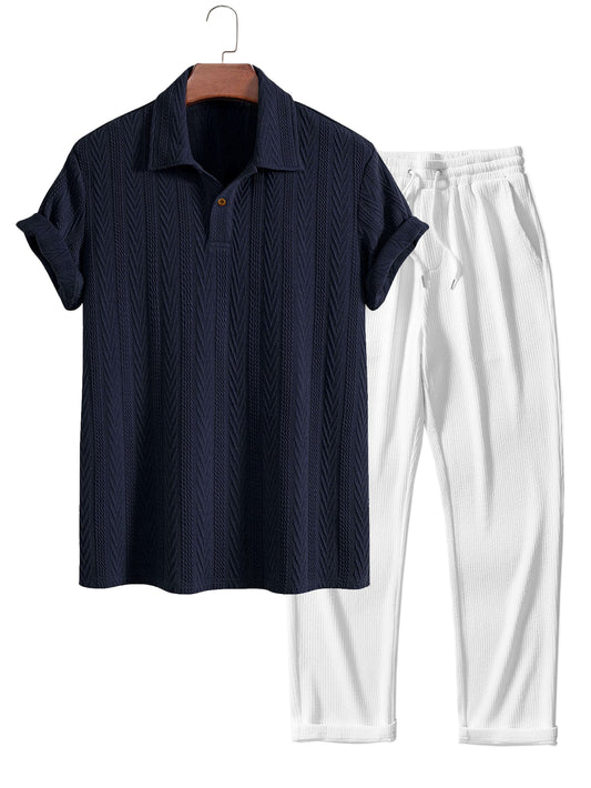 Short Sleeve Jacquard Polo & Straight Leg Ribbed Pants