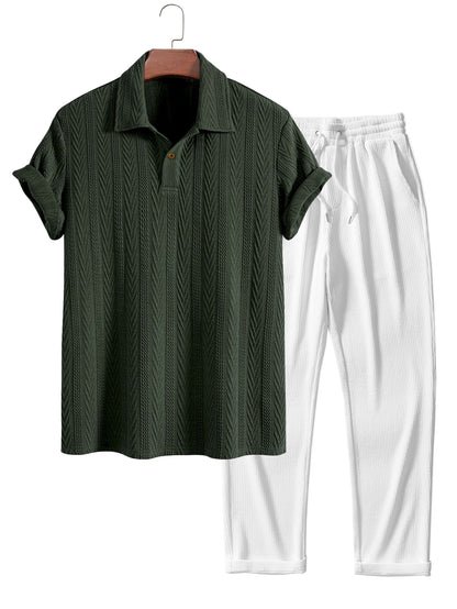 Short Sleeve Jacquard Polo & Straight Leg Ribbed Pants