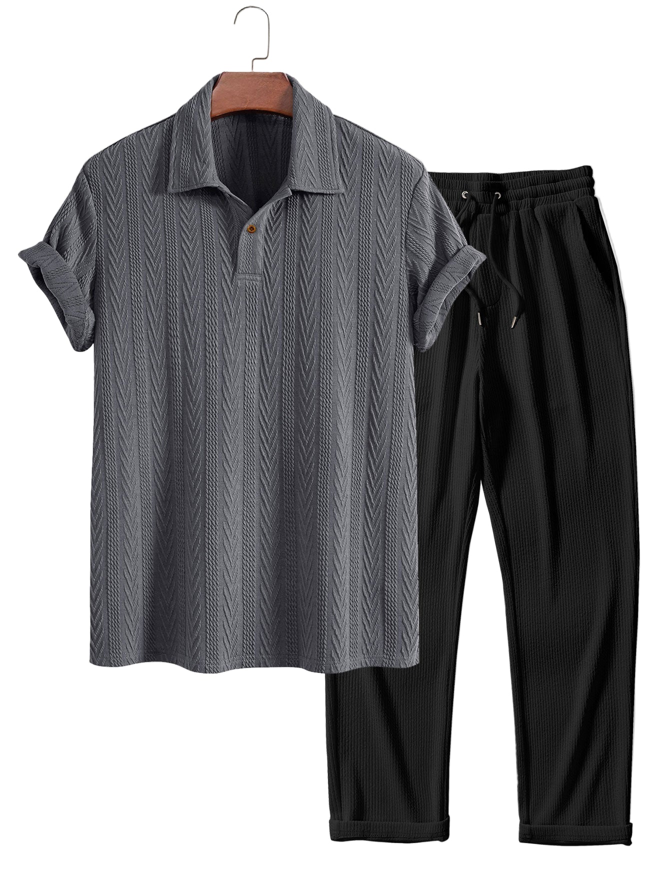 Short Sleeve Jacquard Polo & Straight Leg Ribbed Pants