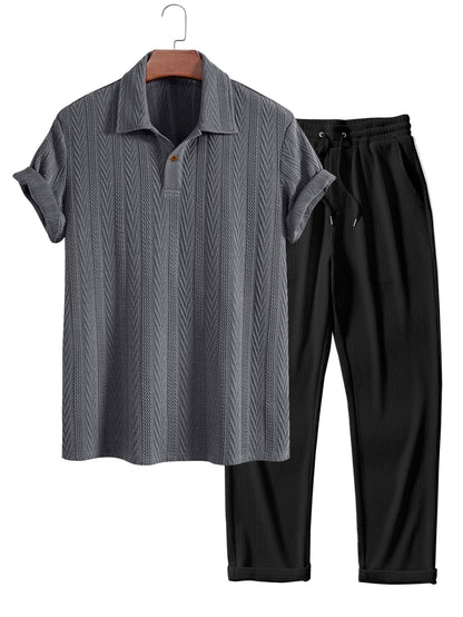 Short Sleeve Jacquard Polo & Straight Leg Ribbed Pants