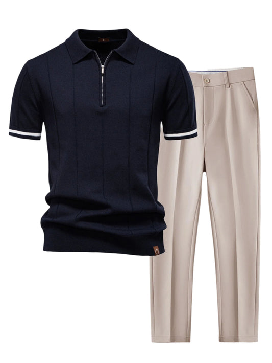 Contrast Trim Zipper Knit Polo Shirt & Slim Fit Tapered Trousers