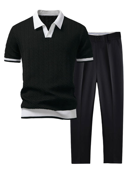 Texture Contrast Knitted V Neck Polo Shirt & Slim Fit Tapered Trousers