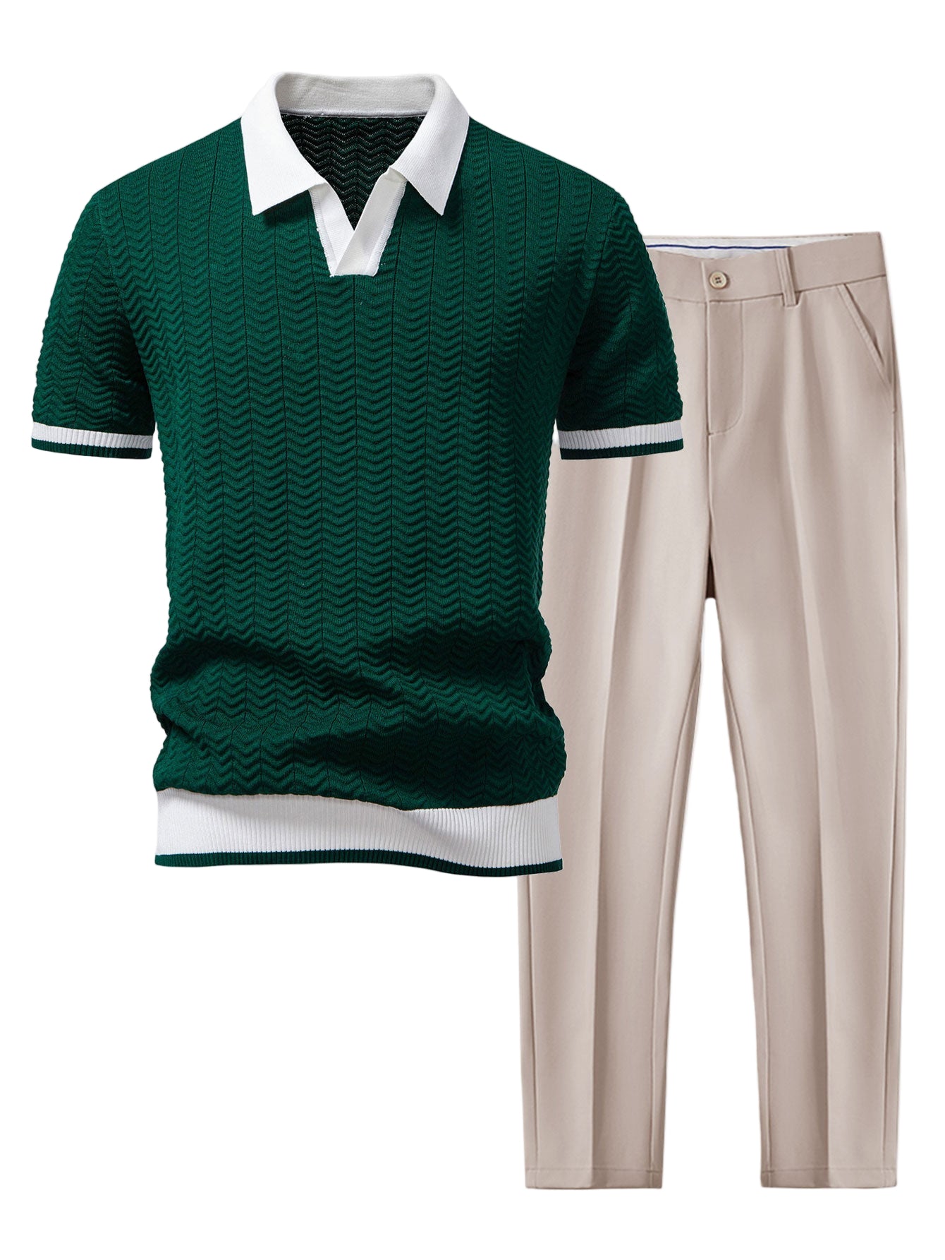 Texture Contrast Knitted V Neck Polo Shirt & Slim Fit Tapered Trousers
