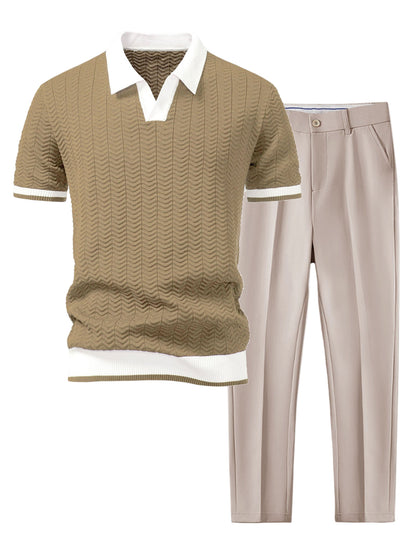 Texture Contrast Knitted V Neck Polo Shirt & Slim Fit Tapered Trousers
