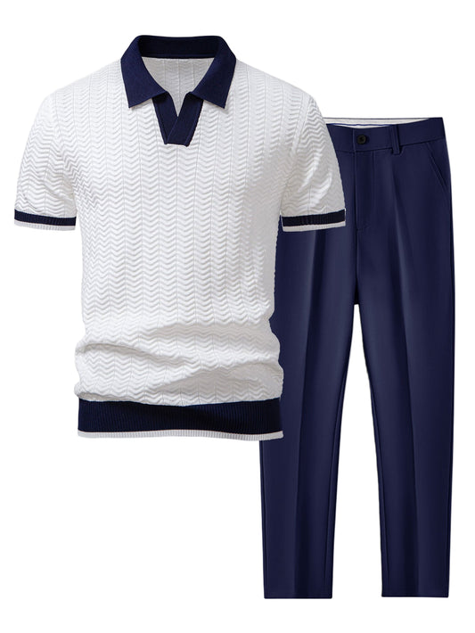 Texture Contrast Knitted V Neck Polo Shirt & Slim Fit Tapered Trousers