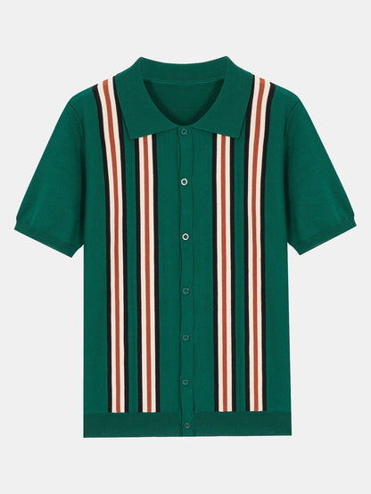 Short Sleeve Striped Button Up Sweater Polo